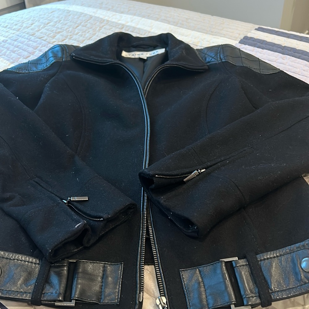 Wool jacket with leather trim